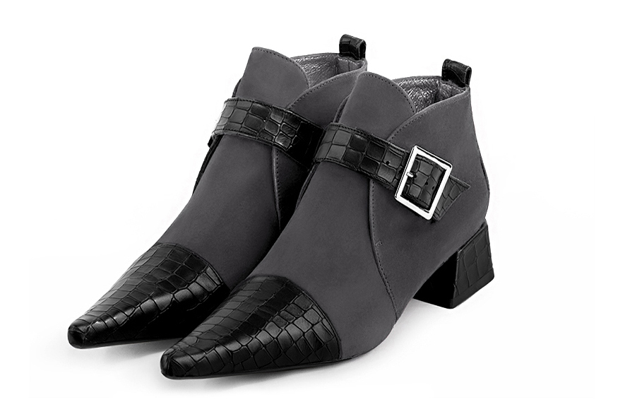 Satin black and dark grey women's booties, with buckles at the front. Pointed toe. Low flare heels - Florence KOOIJMAN